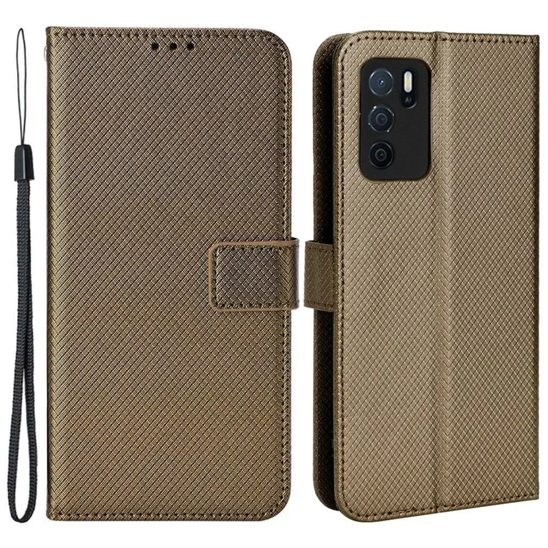 For Oppo A16/A16s/A54s Diamond Texture PU Leather Protective Phone Case with Wallet Stand - Brown