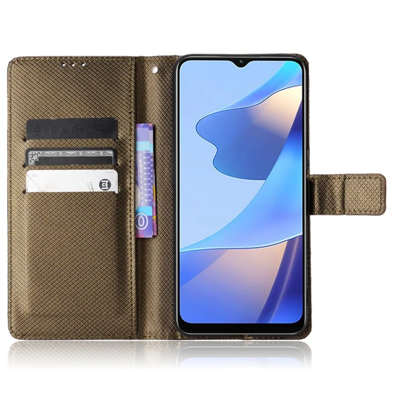 For Oppo A16/A16s/A54s Diamond Texture PU Leather Protective Phone Case with Wallet Stand - Brown