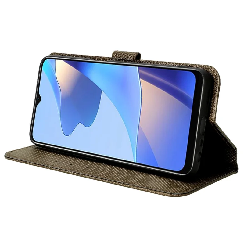 For Oppo A16/A16s/A54s Diamond Texture PU Leather Protective Phone Case with Wallet Stand - Brown