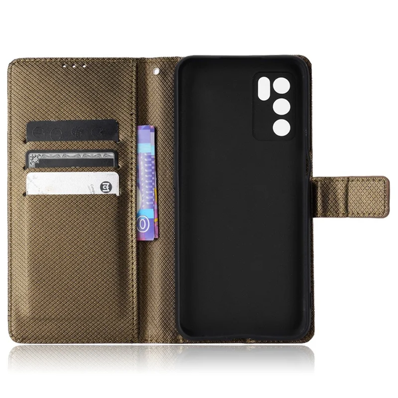 For Oppo A16/A16s/A54s Diamond Texture PU Leather Protective Phone Case with Wallet Stand - Brown