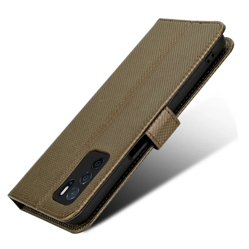 For Oppo A16/A16s/A54s Diamond Texture PU Leather Protective Phone Case with Wallet Stand - Brown