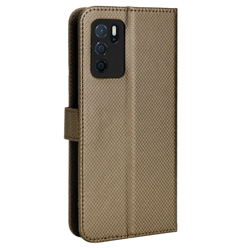For Oppo A16/A16s/A54s Diamond Texture PU Leather Protective Phone Case with Wallet Stand - Brown