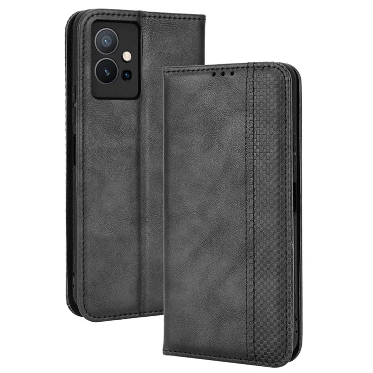 Para Vivo Y55 5G/Y75 5G/T1 5G PU Cubierta Retro de Cuero Mosaico Mosaico Imprimido Stand Magnetic Adsorción Flip Willet Case - Negro
