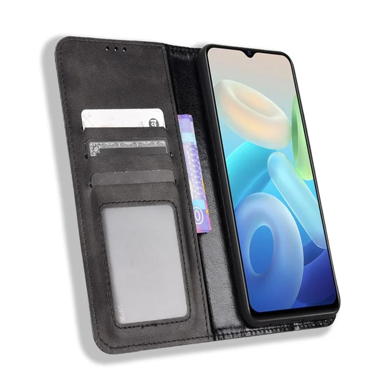 Para Vivo Y55 5G/Y75 5G/T1 5G PU Cubierta Retro de Cuero Mosaico Mosaico Imprimido Stand Magnetic Adsorción Flip Willet Case - Negro