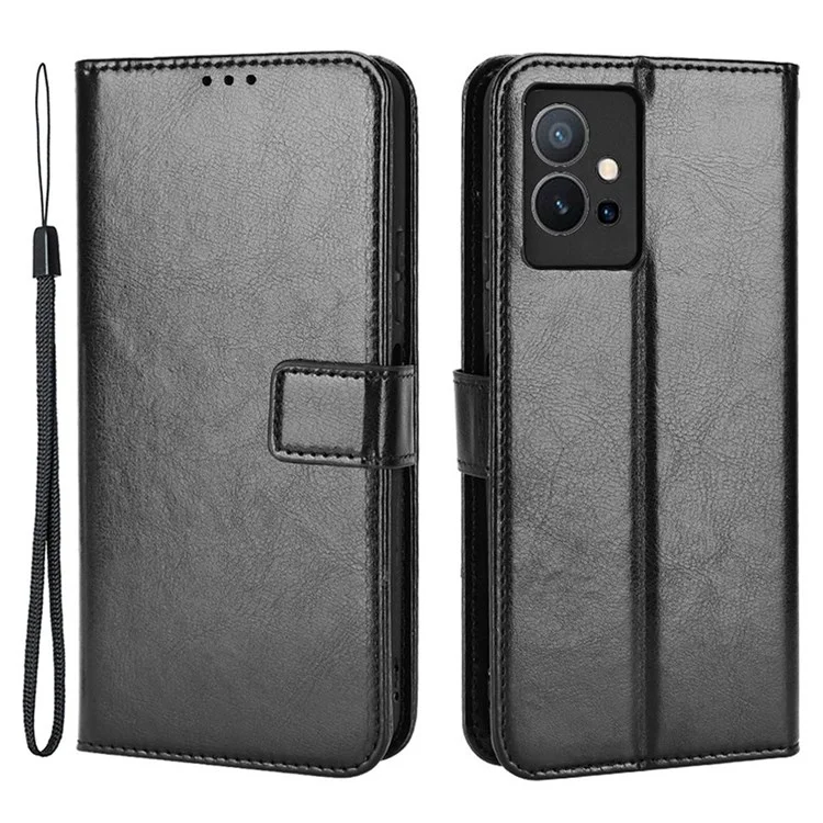 Для vivo Y55 5G/Y75 5G/T1 5G PU Leather Folio Flip Folding Phone Cover Crazy Horse Texture Stand Wallet Case Carrying Pouch with Strap - Черный