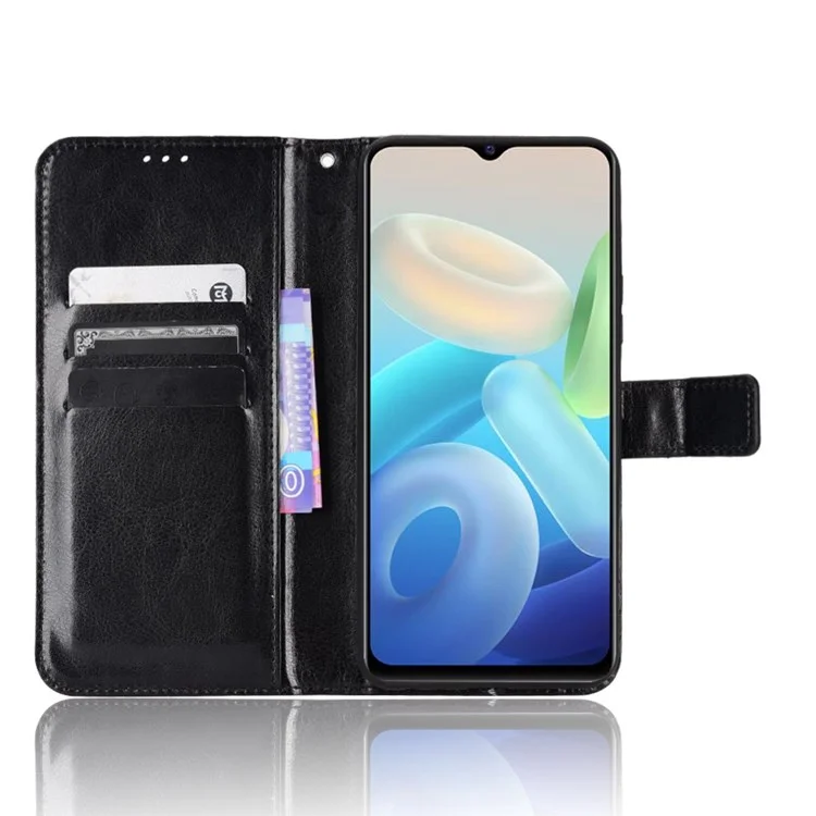 Для vivo Y55 5G/Y75 5G/T1 5G PU Leather Folio Flip Folding Phone Cover Crazy Horse Texture Stand Wallet Case Carrying Pouch with Strap - Черный