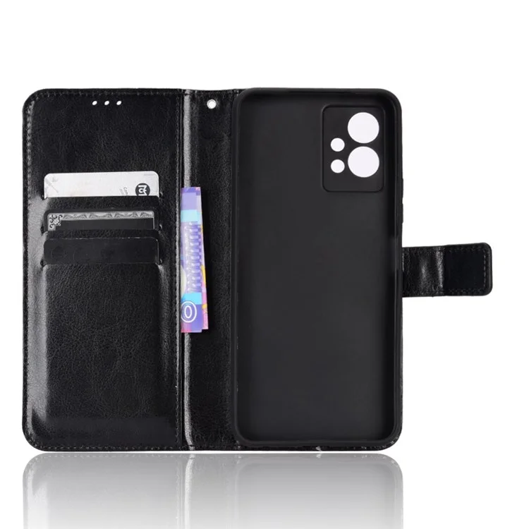 Для vivo Y55 5G/Y75 5G/T1 5G PU Leather Folio Flip Folding Phone Cover Crazy Horse Texture Stand Wallet Case Carrying Pouch with Strap - Черный