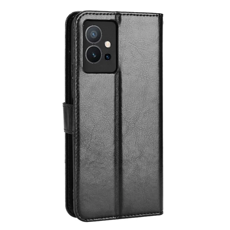 Для vivo Y55 5G/Y75 5G/T1 5G PU Leather Folio Flip Folding Phone Cover Crazy Horse Texture Stand Wallet Case Carrying Pouch with Strap - Черный