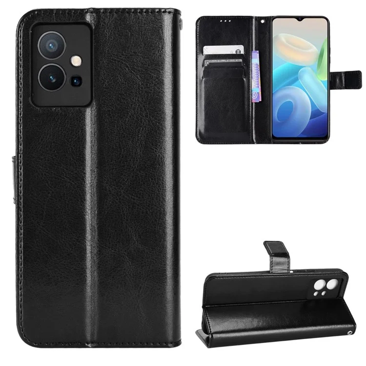 Для vivo Y55 5G/Y75 5G/T1 5G PU Leather Folio Flip Folding Phone Cover Crazy Horse Texture Stand Wallet Case Carrying Pouch with Strap - Черный