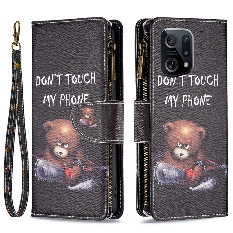 Серия BF Pattern Printing Leather-4 для Oppo Find X5 03 Pattern Printing PU Leather Stand Case Zipper Pocket Wallet Phone Cover - Bear
