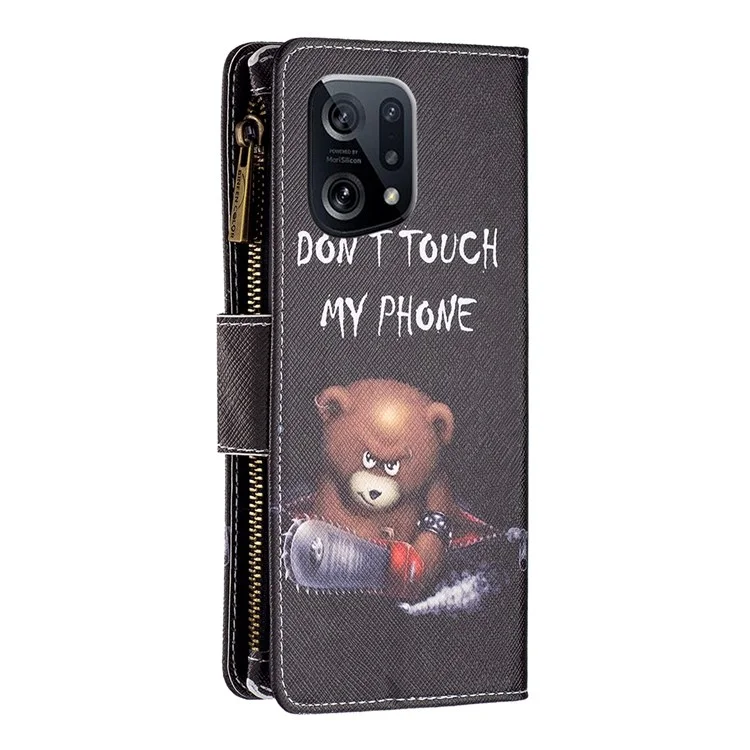 Серия BF Pattern Printing Leather-4 для Oppo Find X5 03 Pattern Printing PU Leather Stand Case Zipper Pocket Wallet Phone Cover - Bear