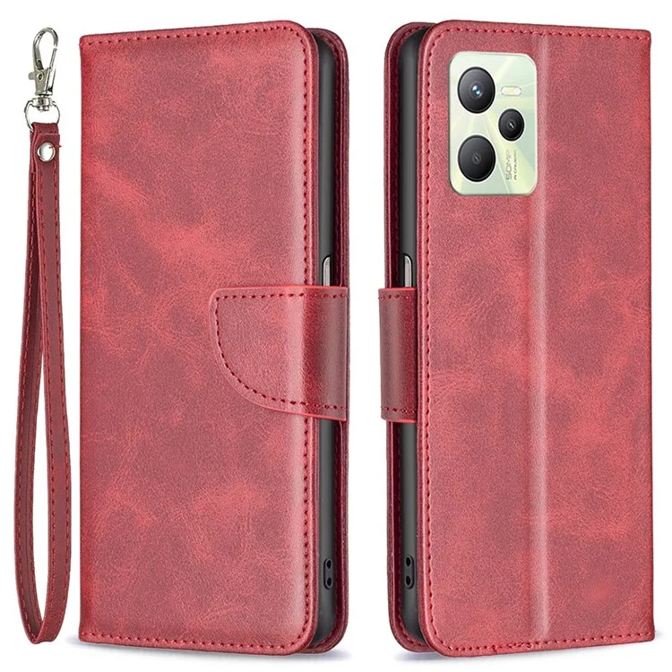 For Realme C35 Case Smooth Leather Wallet Stand Mobile Phone Cover with Strap - Red