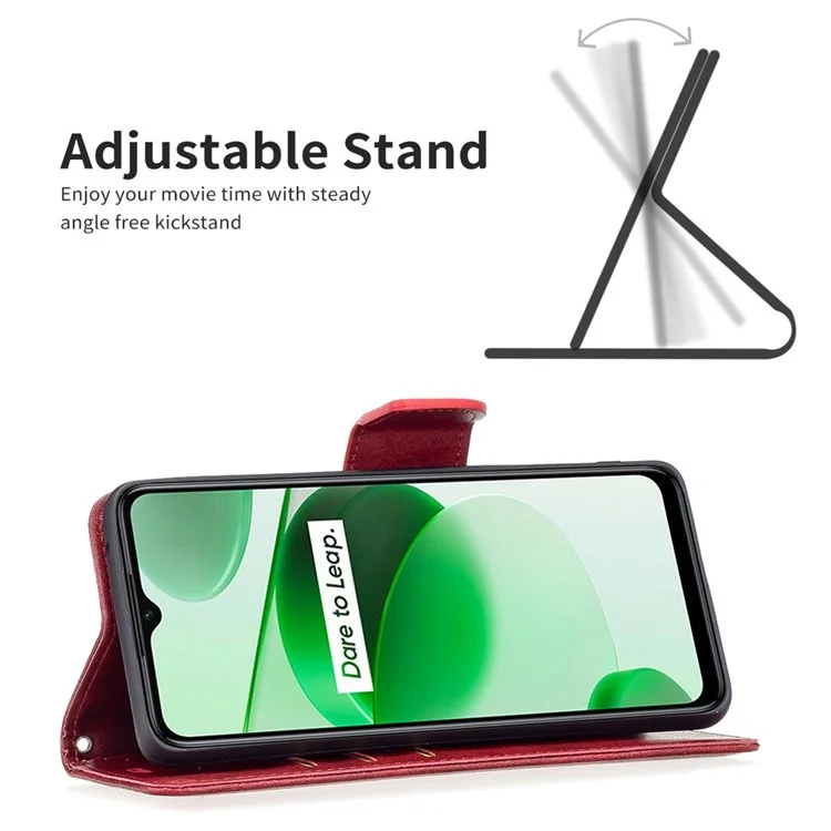 For Realme C35 Case Smooth Leather Wallet Stand Mobile Phone Cover with Strap - Red