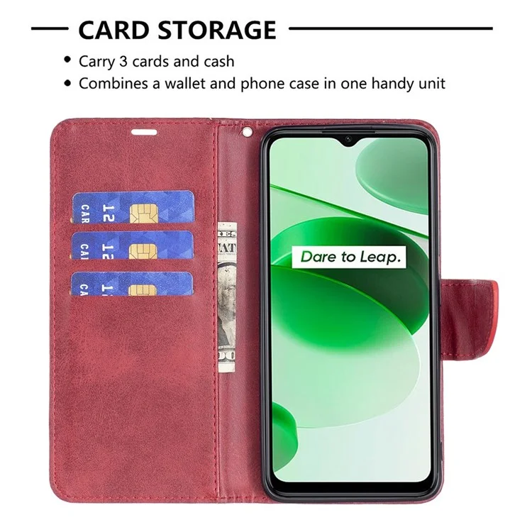 For Realme C35 Case Smooth Leather Wallet Stand Mobile Phone Cover with Strap - Red