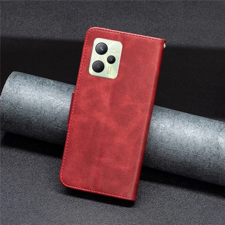 For Realme C35 Case Smooth Leather Wallet Stand Mobile Phone Cover with Strap - Red