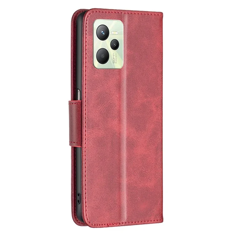 For Realme C35 Case Smooth Leather Wallet Stand Mobile Phone Cover with Strap - Red