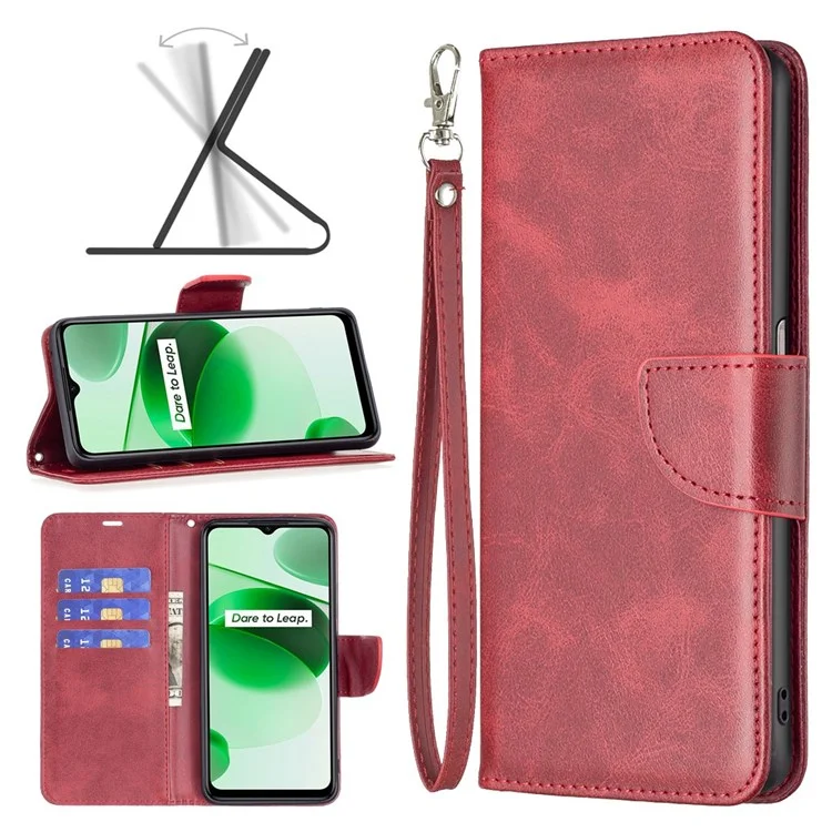 For Realme C35 Case Smooth Leather Wallet Stand Mobile Phone Cover with Strap - Red