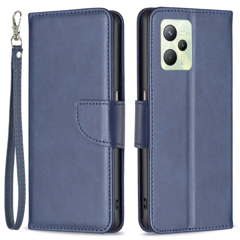 For Realme C35 Case Smooth Leather Wallet Stand Mobile Phone Cover with Strap - Blue