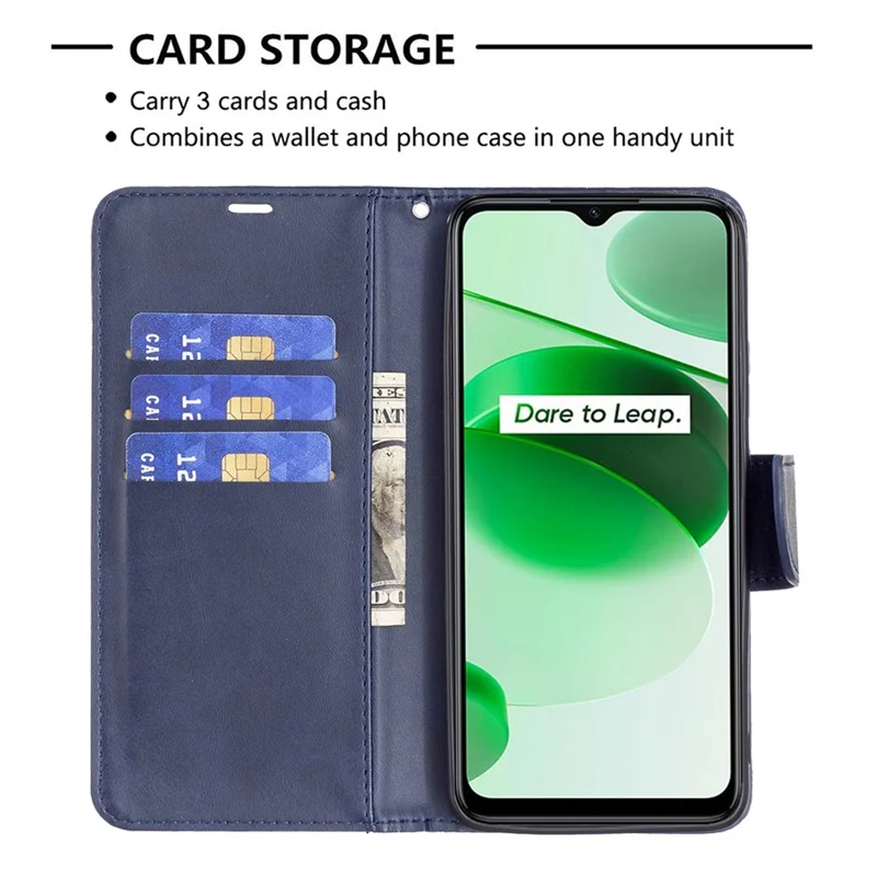 For Realme C35 Case Smooth Leather Wallet Stand Mobile Phone Cover with Strap - Blue
