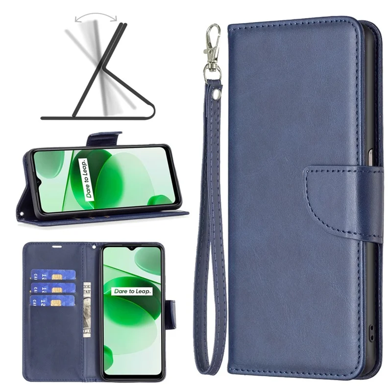 For Realme C35 Case Smooth Leather Wallet Stand Mobile Phone Cover with Strap - Blue