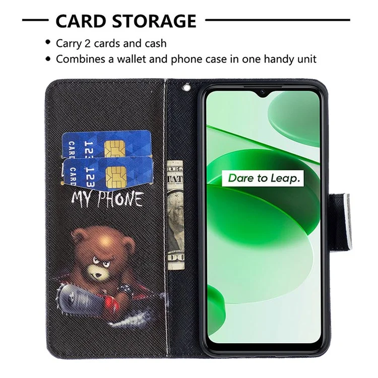 Pour Realme C35 BF Pattern Printing Leather Series-1 Magnetic Clasp Closure Phone Case with Adjustable Stand Folio Flip Wallet Protective Shell - Bear