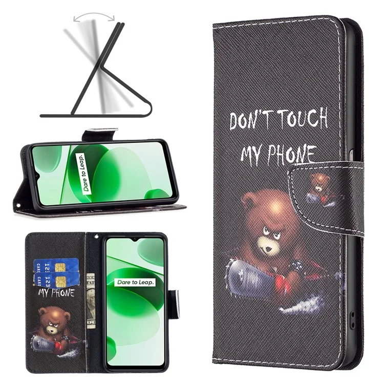 Pour Realme C35 BF Pattern Printing Leather Series-1 Magnetic Clasp Closure Phone Case with Adjustable Stand Folio Flip Wallet Protective Shell - Bear