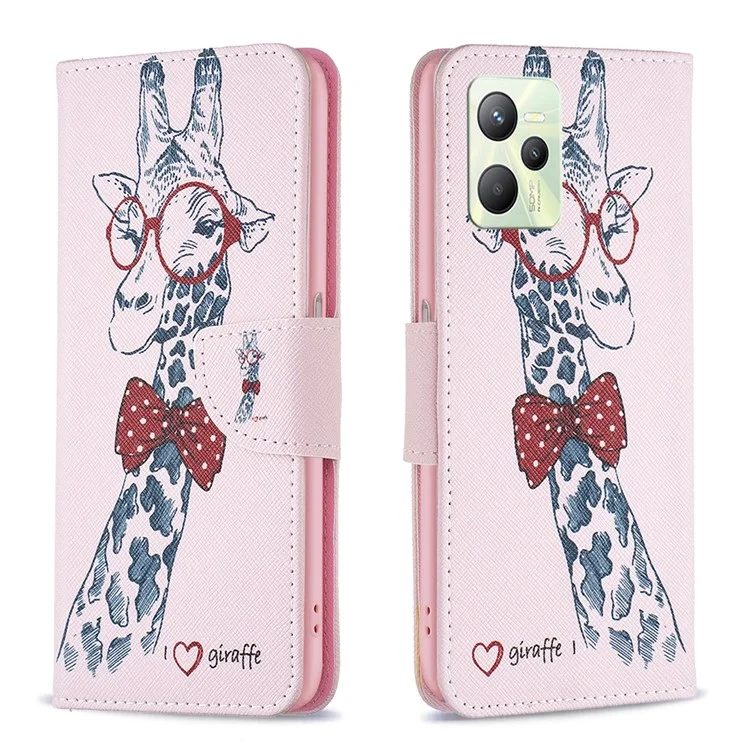 Für Realme C35 BF Muster Druck Leder Leder Serie-1 Magnetische Verschlussverschluss Telefonhülle Mit Einstellbarem Ständer Folio Flip Wallet Schutzhülle - Giraffe