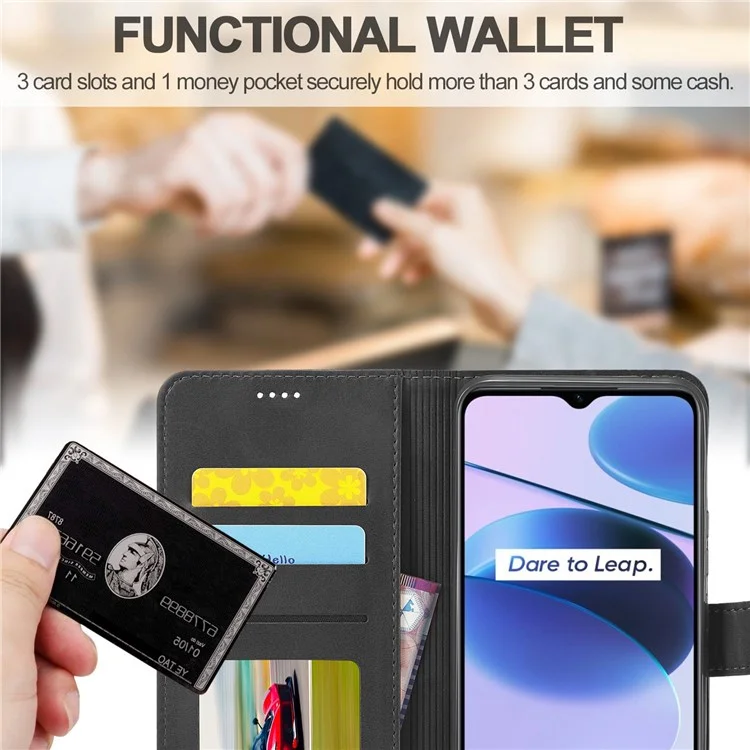 Lc. Imeeke Для Realme C35 Текстурированная Кожаная Кожа Flio Folio Anti-drop Stand Wallet Case Case Case Case - Черный