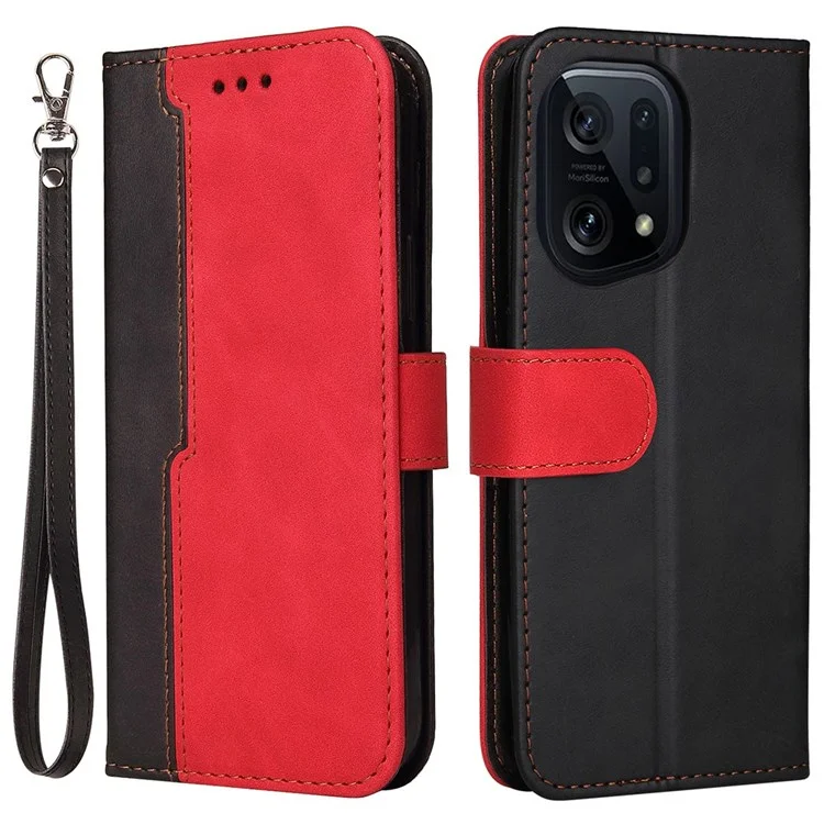 For Oppo Find X5 Protective Phone Cover, Dual-color Splicing Magnetic Clasp Stand Wallet PU Leather Case - Red