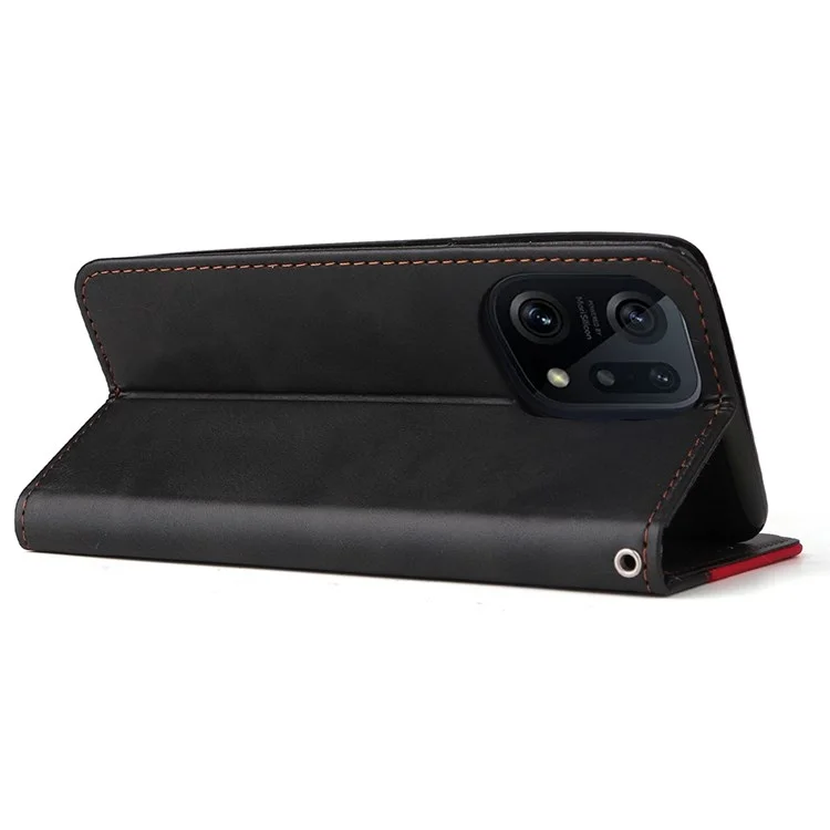 For Oppo Find X5 Protective Phone Cover, Dual-color Splicing Magnetic Clasp Stand Wallet PU Leather Case - Red