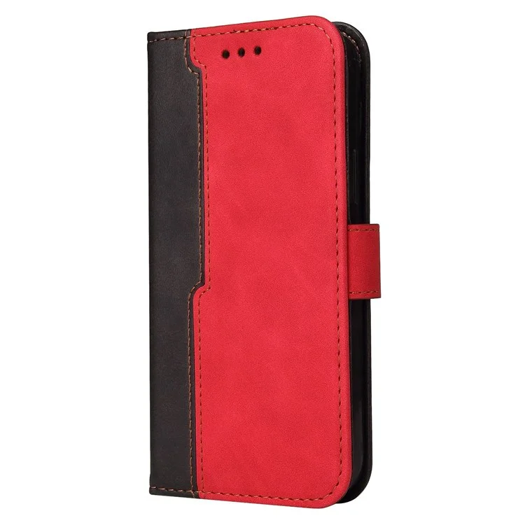 For Oppo Find X5 Protective Phone Cover, Dual-color Splicing Magnetic Clasp Stand Wallet PU Leather Case - Red