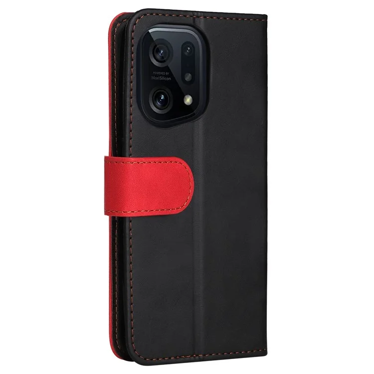 For Oppo Find X5 Protective Phone Cover, Dual-color Splicing Magnetic Clasp Stand Wallet PU Leather Case - Red