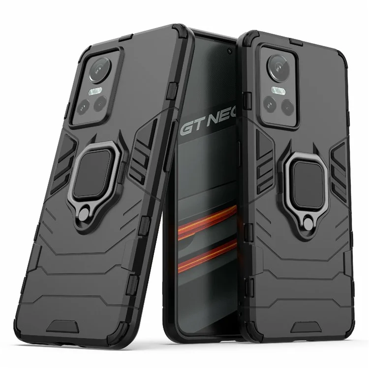 Pour Realme GT Neo3 Scratch-resistant Anti-drop Soft TPU + Hard PC Cover Ring Holder Kickstand Phone Case - Noir