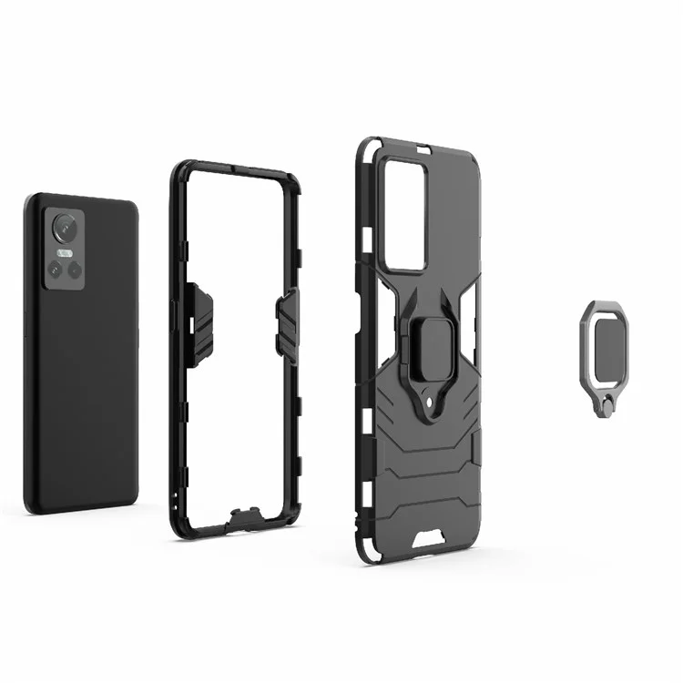 Pour Realme GT Neo3 Scratch-resistant Anti-drop Soft TPU + Hard PC Cover Ring Holder Kickstand Phone Case - Noir