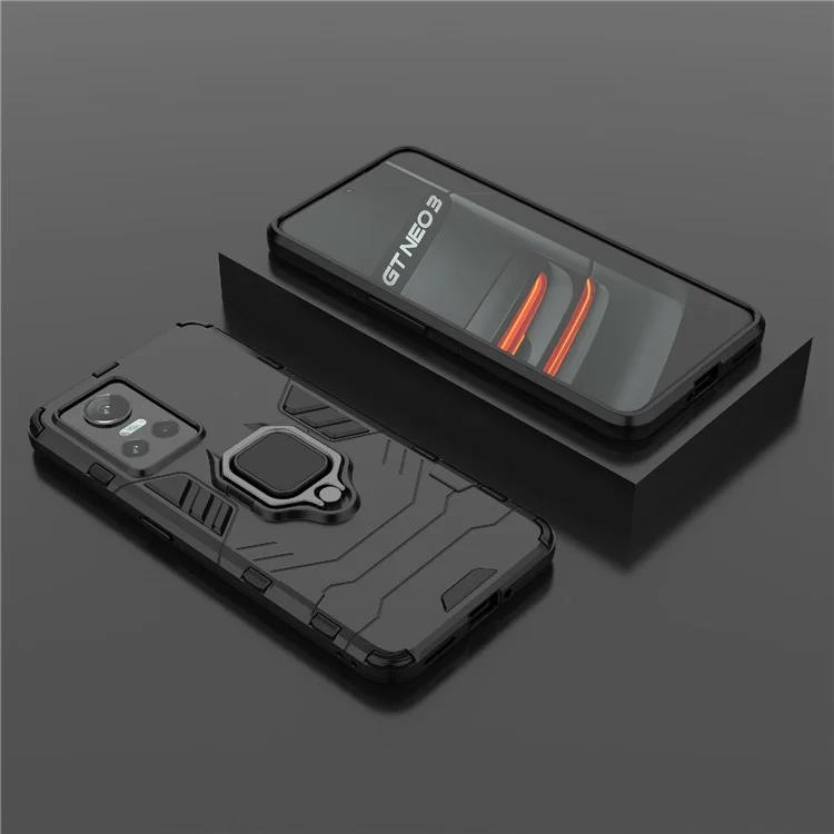 Pour Realme GT Neo3 Scratch-resistant Anti-drop Soft TPU + Hard PC Cover Ring Holder Kickstand Phone Case - Noir