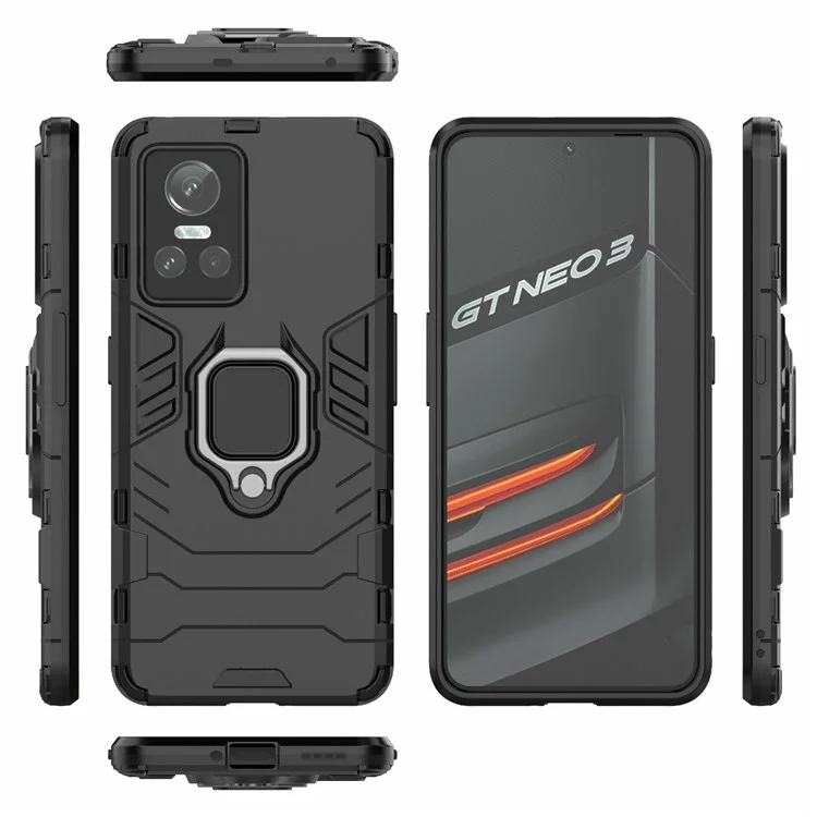 Pour Realme GT Neo3 Scratch-resistant Anti-drop Soft TPU + Hard PC Cover Ring Holder Kickstand Phone Case - Noir