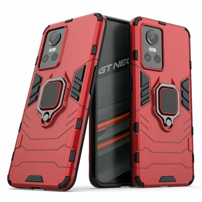 For Realme GT Neo3 Scratch-resistant Anti-drop Soft TPU + Hard PC Cover Ring Holder Kickstand Phone Case - Red