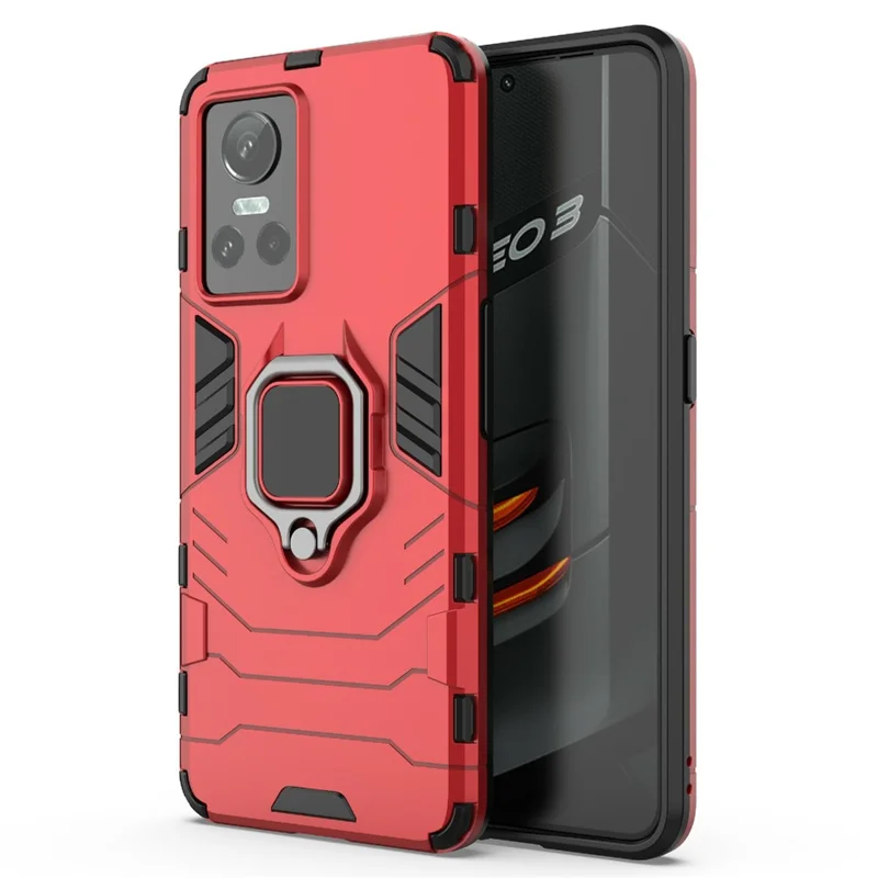 For Realme GT Neo3 Scratch-resistant Anti-drop Soft TPU + Hard PC Cover Ring Holder Kickstand Phone Case - Red