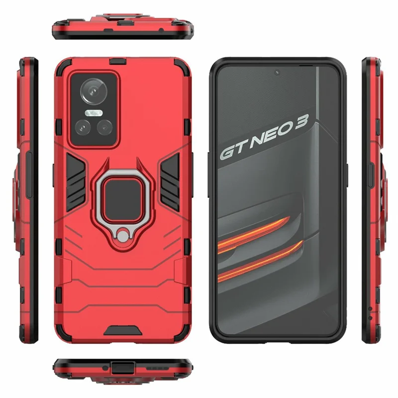For Realme GT Neo3 Scratch-resistant Anti-drop Soft TPU + Hard PC Cover Ring Holder Kickstand Phone Case - Red