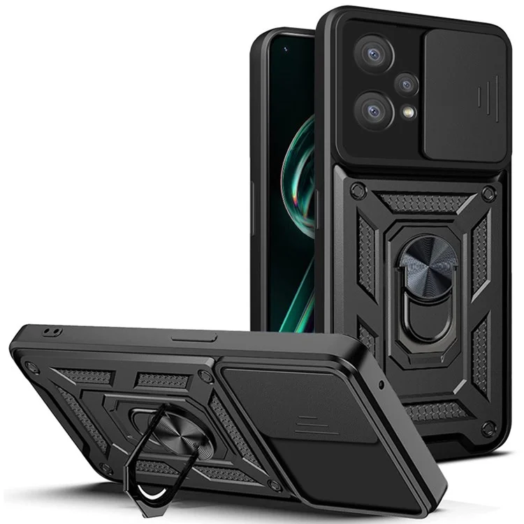 Для Realme 9 Pro+ Жесткий ПК + Мягкий ТПУ Чехол для телефона Выдвижная линза Защитное кольцо Подставка Чехол - Черный