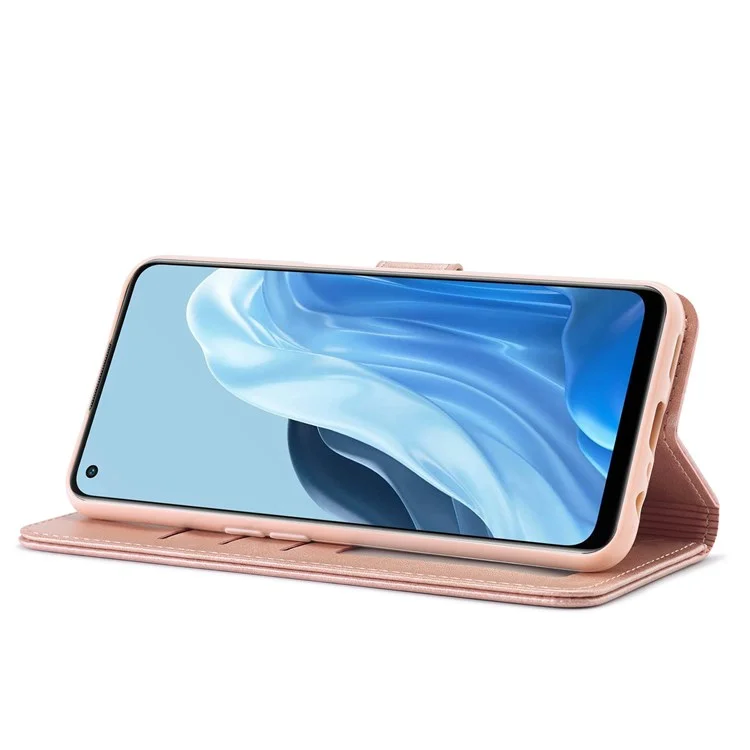 LC.IMEEKE Für Oppo Reno7 5G (Global)/Find X5 Lite strukturierter PU-Leder-Ständer-Geldbörsen-Handyhülle Folio Flip-Cover - Pink