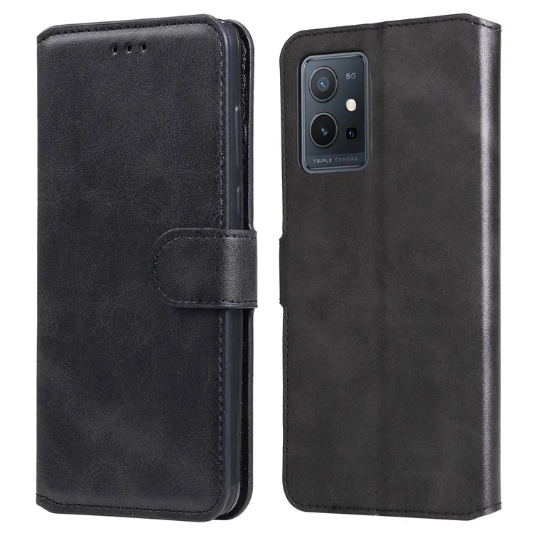 For vivo Y55 5G/Y75 5G/T1 5G/Y33s 5G/iQOO U5 5G Shockproof PU Leather Phone Case Magnetic Closure Wallet Stand Shell - Black