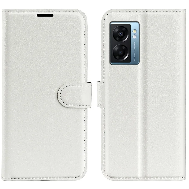 For Oppo A57 (2022) 5G / A77 5G Litchi Texture Magnetic Clasp Phone Cover PU Leather Stand Wallet Case - White