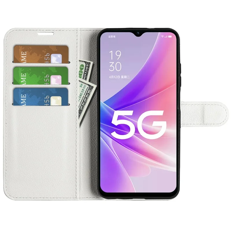 For Oppo A57 (2022) 5G / A77 5G Litchi Texture Magnetic Clasp Phone Cover PU Leather Stand Wallet Case - White
