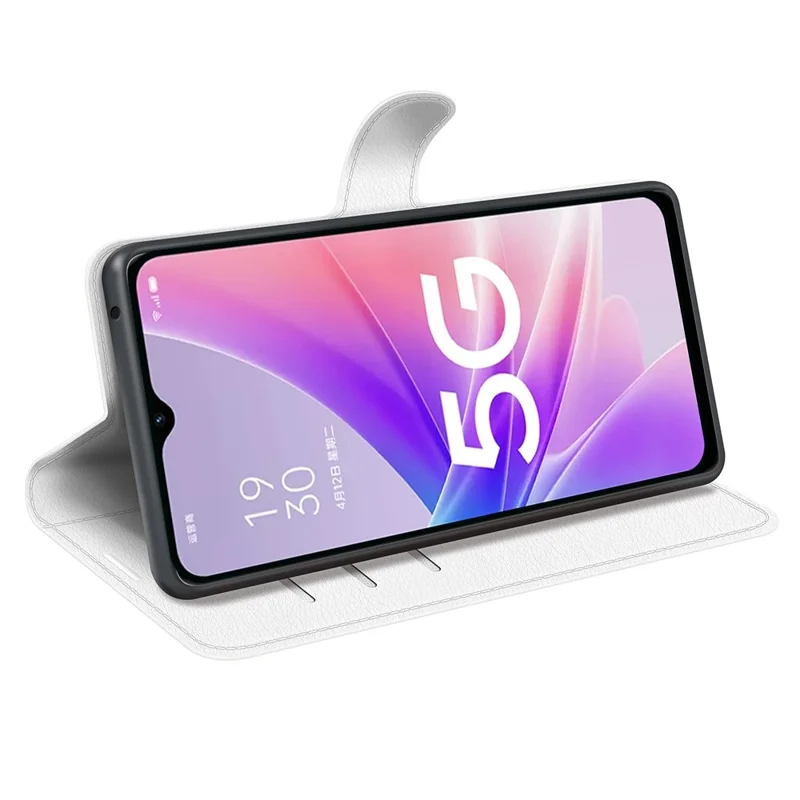 For Oppo A57 (2022) 5G / A77 5G Litchi Texture Magnetic Clasp Phone Cover PU Leather Stand Wallet Case - White