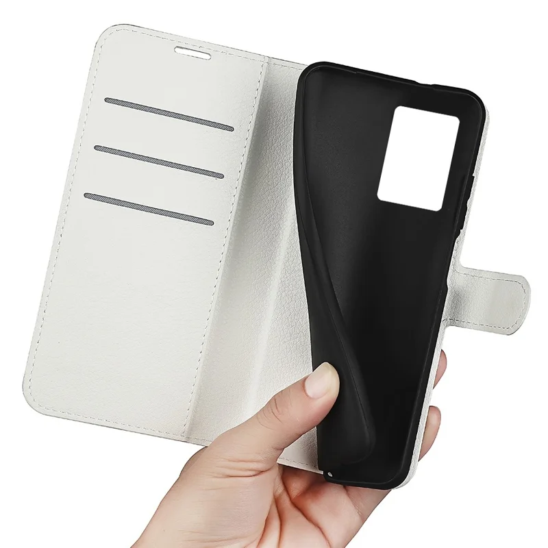 For Oppo A57 (2022) 5G / A77 5G Litchi Texture Magnetic Clasp Phone Cover PU Leather Stand Wallet Case - White