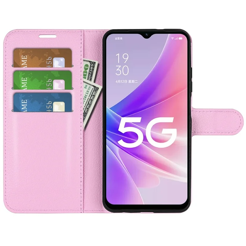 For Oppo A57 (2022) 5G / A77 5G Litchi Texture Magnetic Clasp Phone Cover PU Leather Stand Wallet Case - Pink