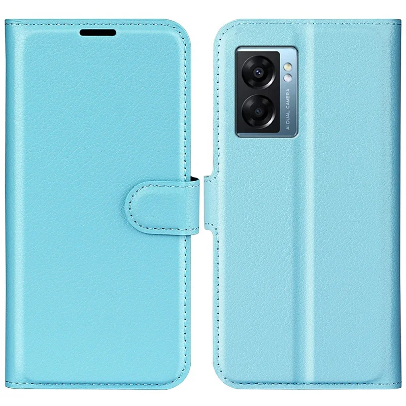 For Oppo A57 (2022) 5G / A77 5G Litchi Texture Magnetic Clasp Phone Cover PU Leather Stand Wallet Case - Blue