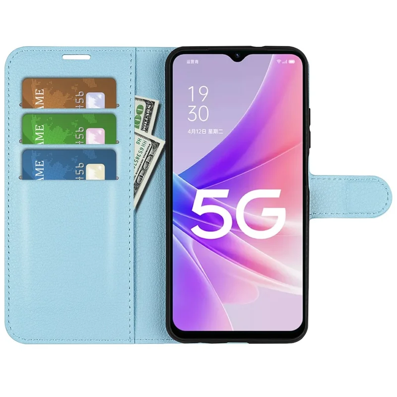 For Oppo A57 (2022) 5G / A77 5G Litchi Texture Magnetic Clasp Phone Cover PU Leather Stand Wallet Case - Blue