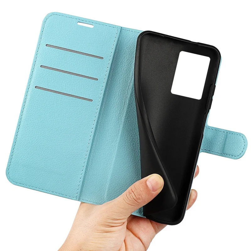 For Oppo A57 (2022) 5G / A77 5G Litchi Texture Magnetic Clasp Phone Cover PU Leather Stand Wallet Case - Blue